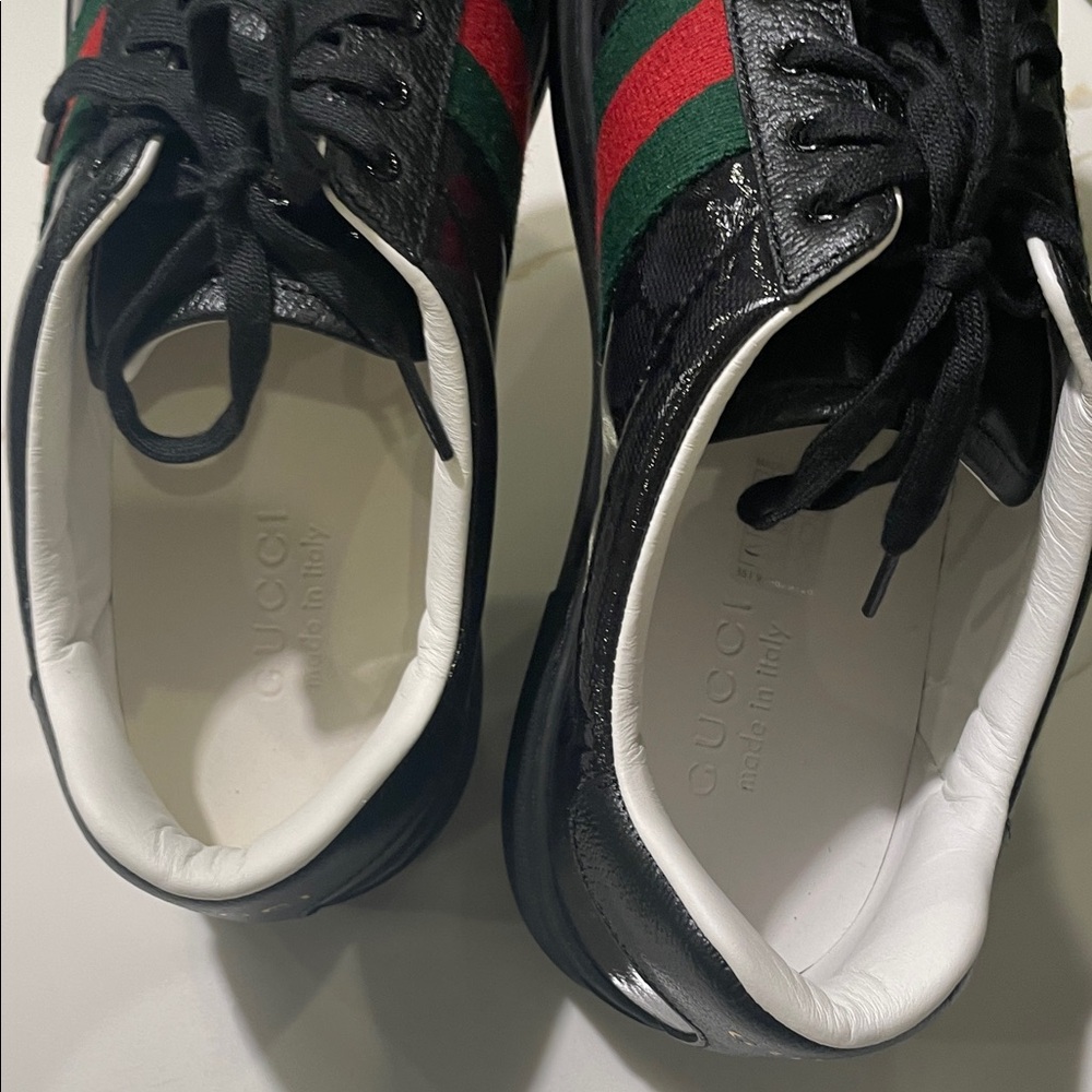 Gucci NWT Men's Patent Black Leather Ace Sneakers w/ Red & Green Stripes 9.5US - Picture 12 of 16
